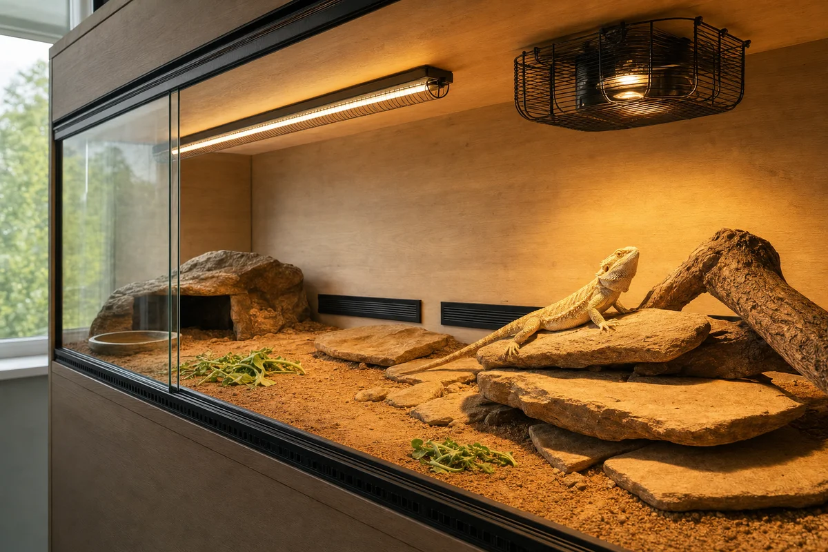 Rozmieszczenie lampy grzewczej i świetlówki UVB w terrarium agamy brodatej
