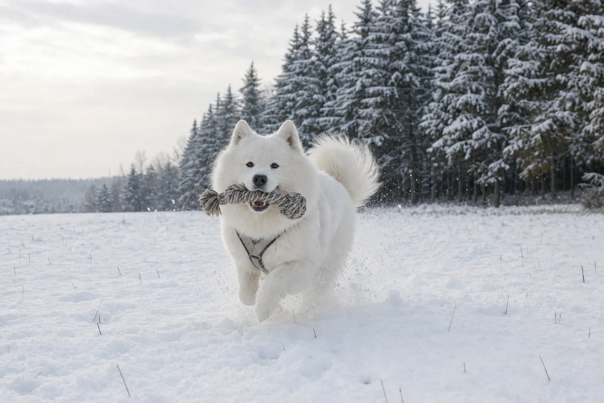 Samojed biegnie po śniegu z zabawką