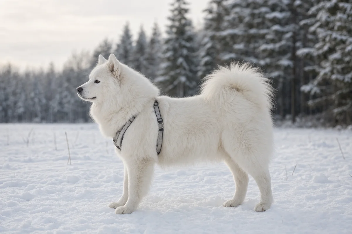 Samojed z profilu — budowa i biała, odstająca sierść