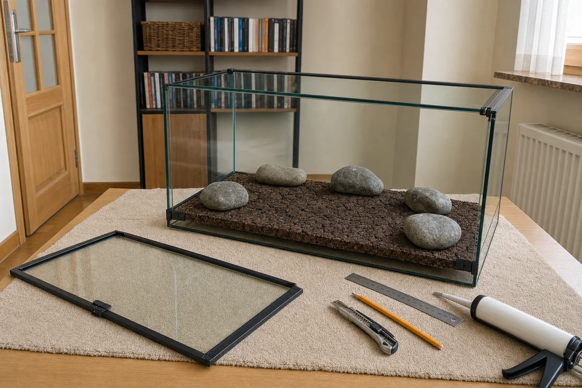 Schnięcie przyklejonego tła - terrarium położone na plecach, płyta dociśnięta