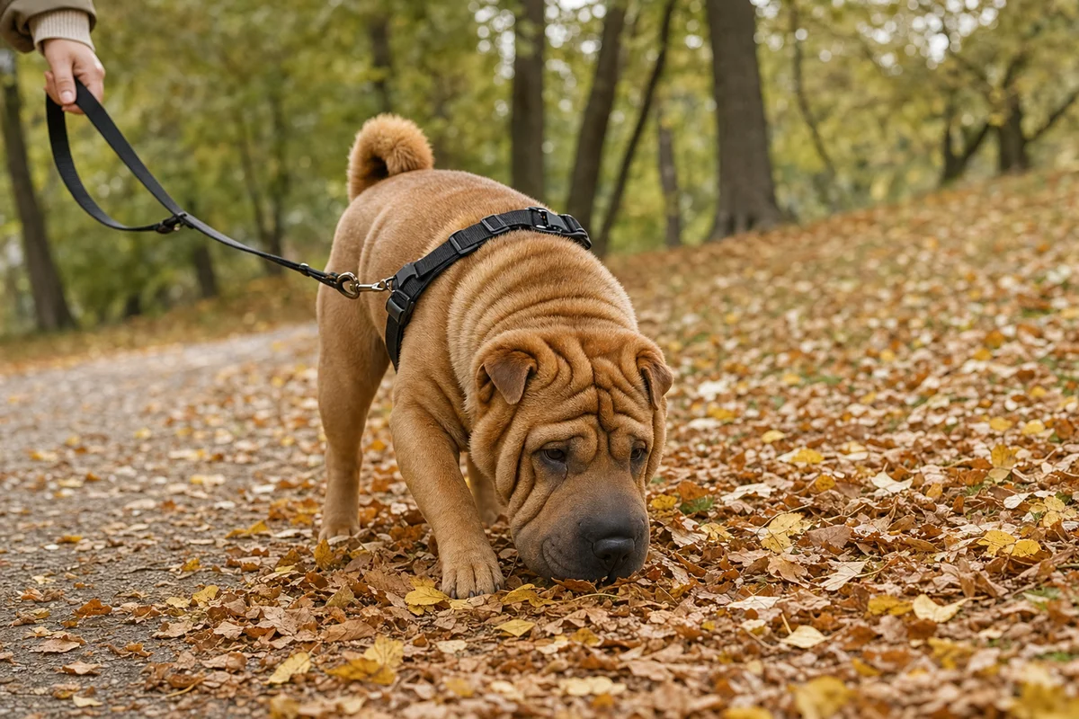 Shar pei węszy w liściach na spacerze