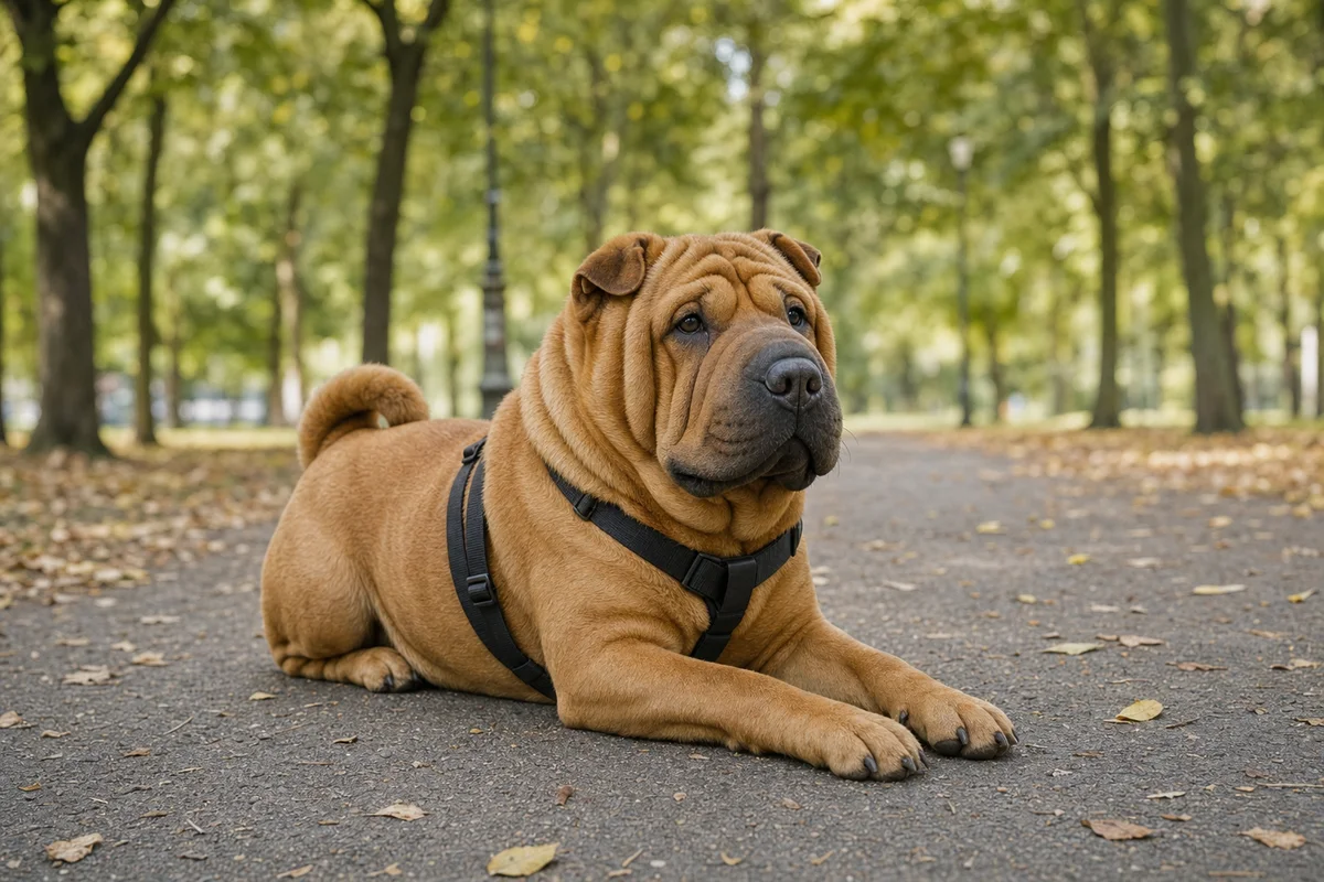 Shar pei z profilu - kwadratowa budowa i fałdy na karku