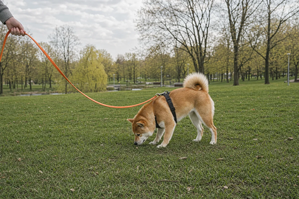 Shiba inu na długiej lince szuka smakołyków w trawie