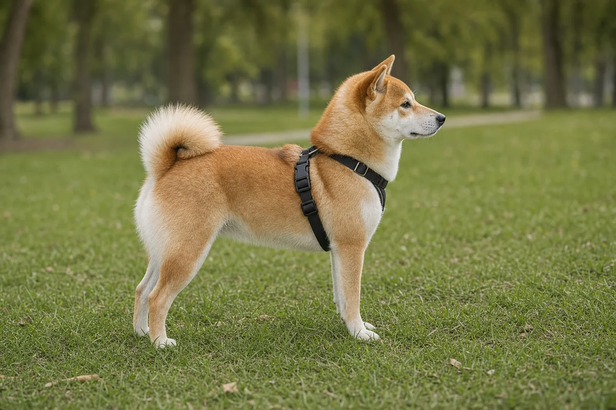 Shiba inu z profilu — budowa, rude umaszczenie i ogon zakręcony nad grzbietem