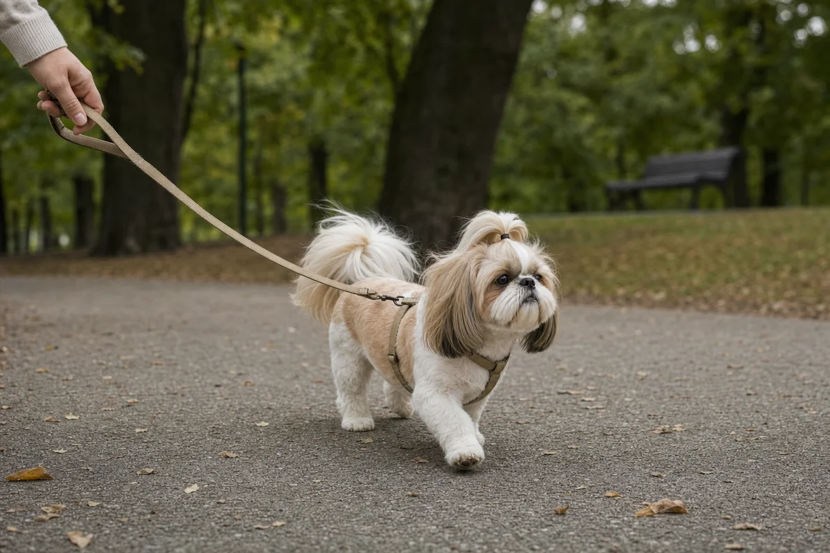 Shih tzu w szelkach na spacerze w parku