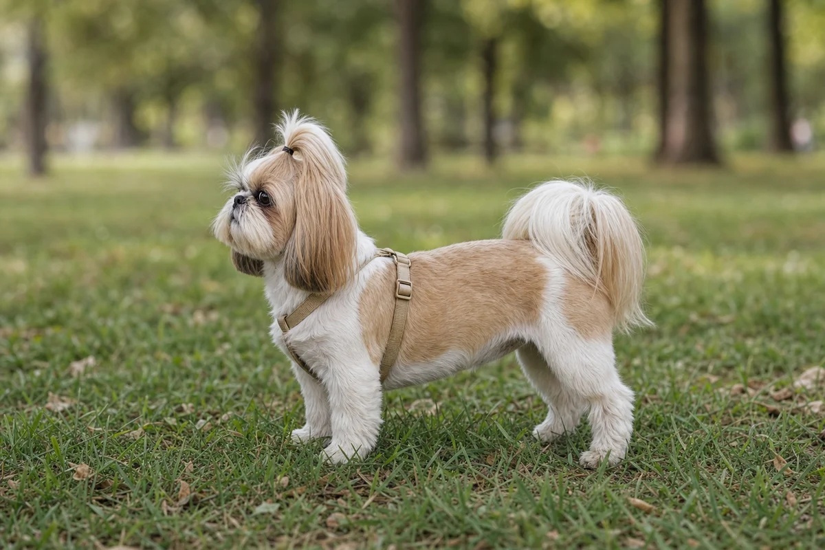 Shih tzu z profilu — długi tułów i ogon z pióropuszem