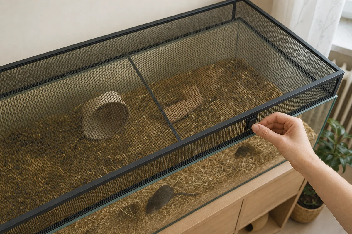 Siatkowa pokrywa i nadstawka terrarium dla myszoskoczka zapewniają wentylację