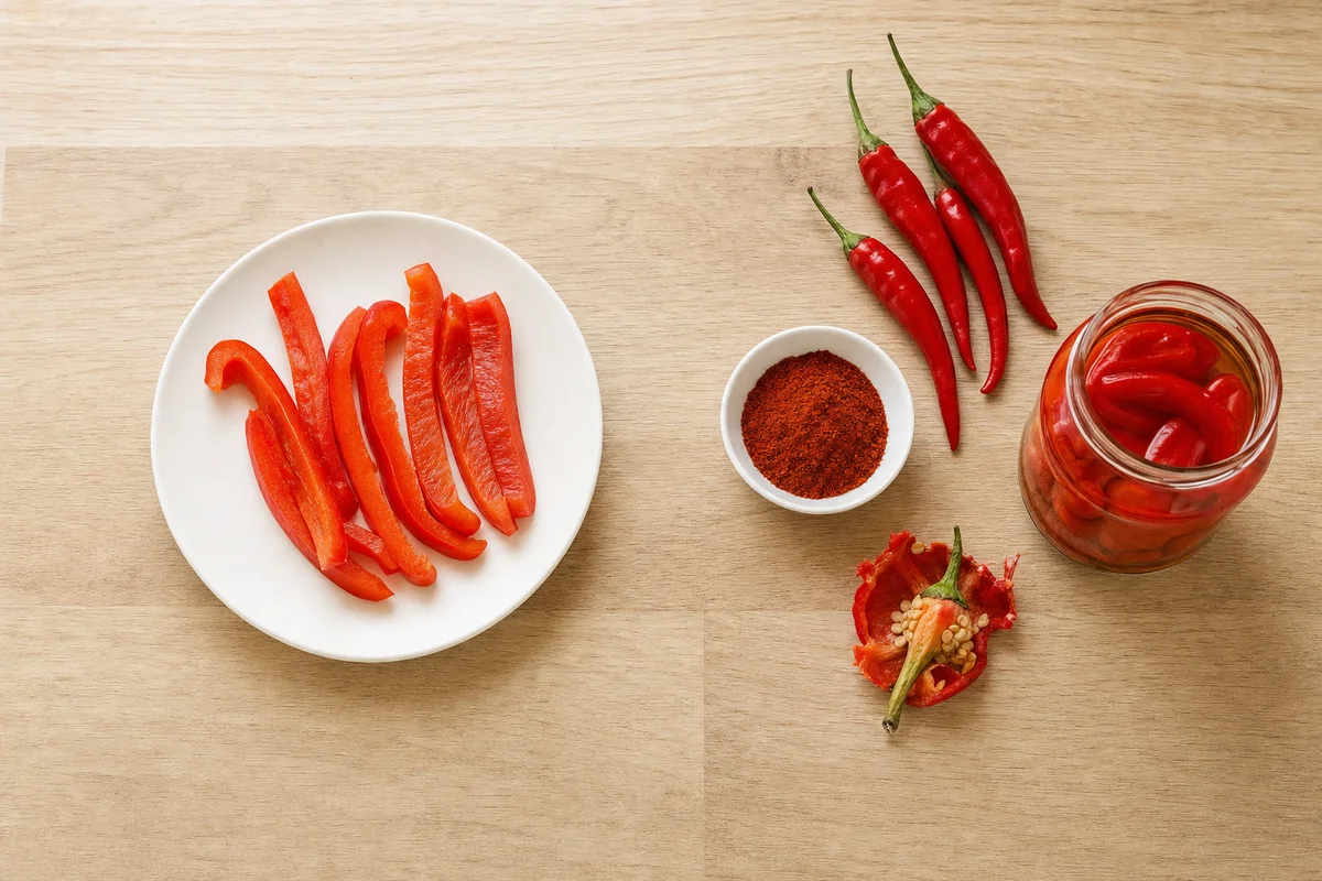 Słodka papryka dla psa obok chili, papryki w proszku i papryki ze słoika