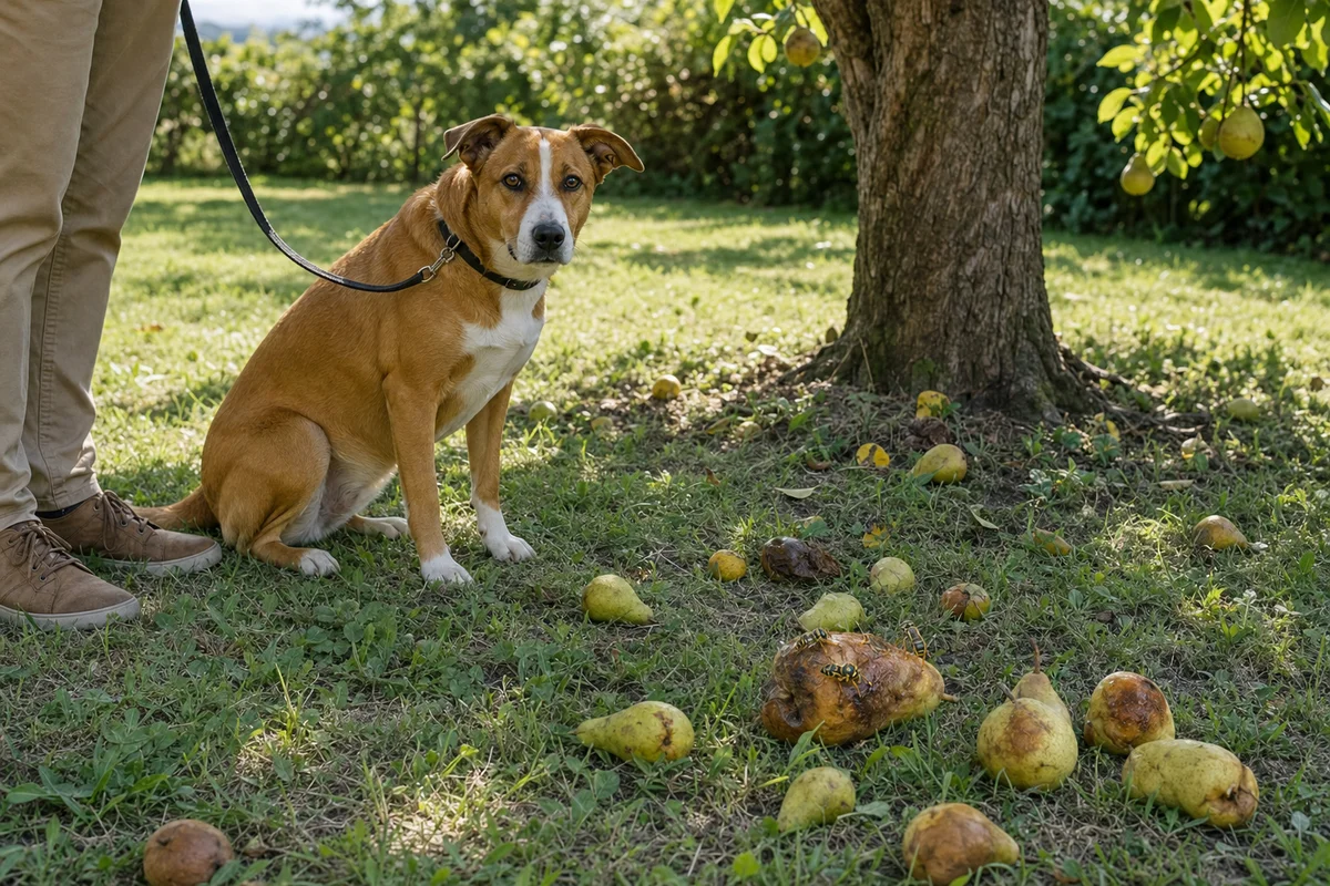 Spady gruszek pod drzewem, pies siedzi obok opiekuna