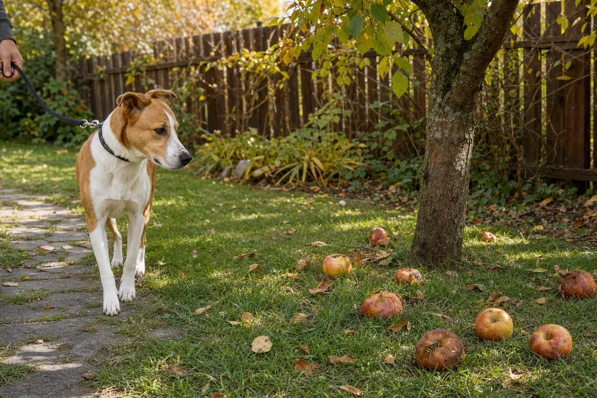Spady jabłek pod drzewem, pies na smyczy przechodzi obok