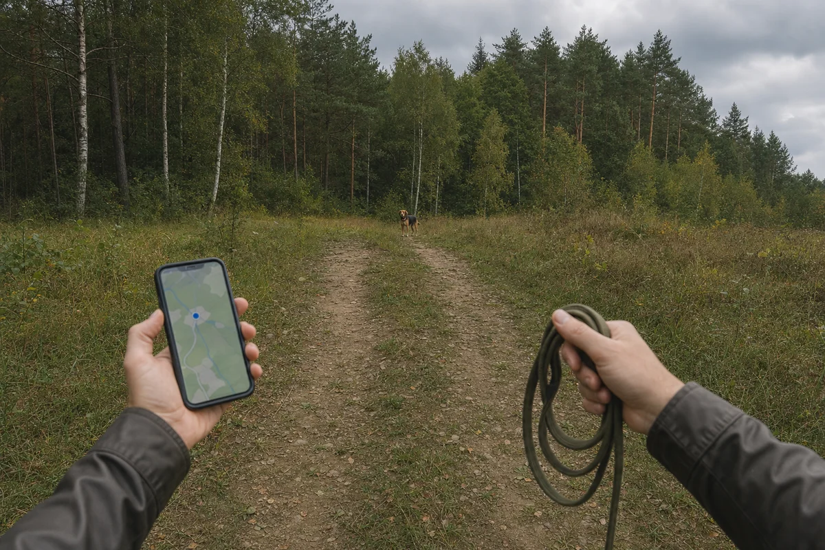 Spokojne szukanie psa z pomocą lokalizatora GPS na skraju lasu