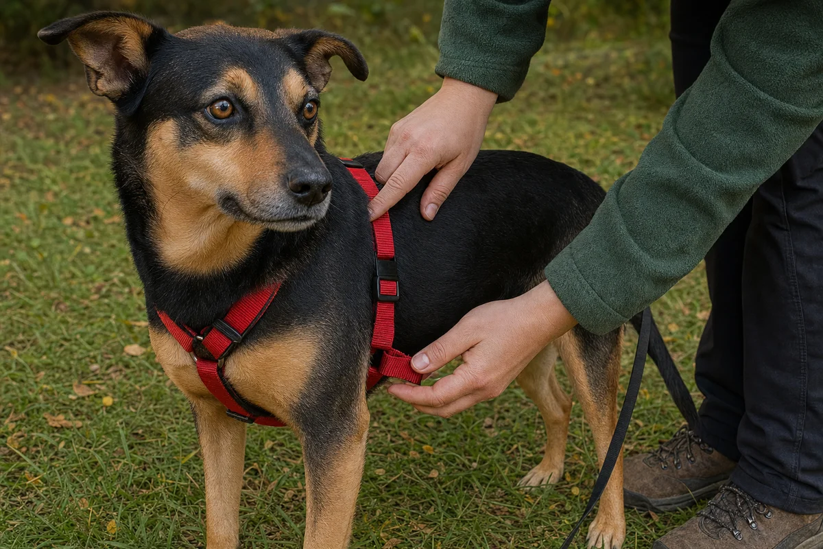 Sprawdzanie dopasowania szelek psa przed spacerem ze schroniska