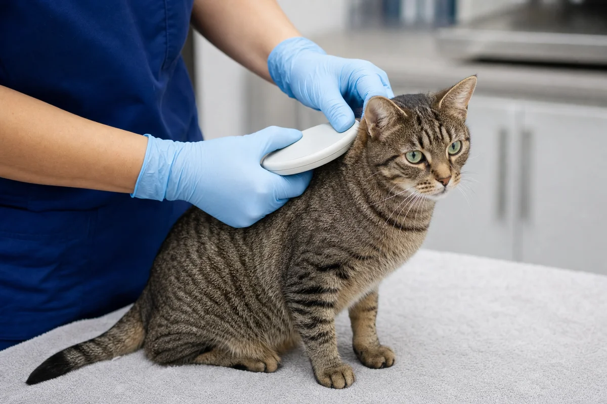 Sprawdzanie mikroczipa kota czytnikiem po adopcji