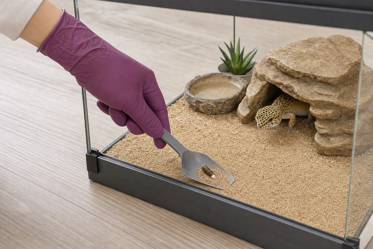 Sprzątanie punktowe terrarium — łopatka zbiera odchody gekona z fragmentem podłoża