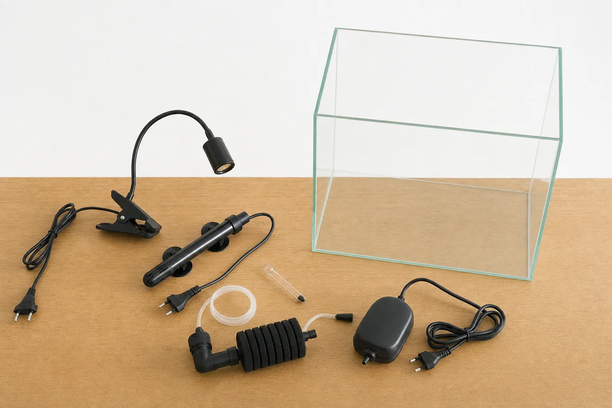 Sprzęt do nano akwarium: lampka LED, mała grzałka, filtr gąbkowy i termometr