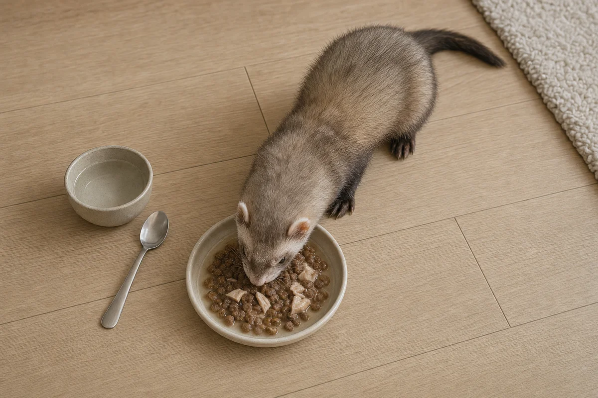 Starsza fretka je namoczoną karmę z płaskiej miski