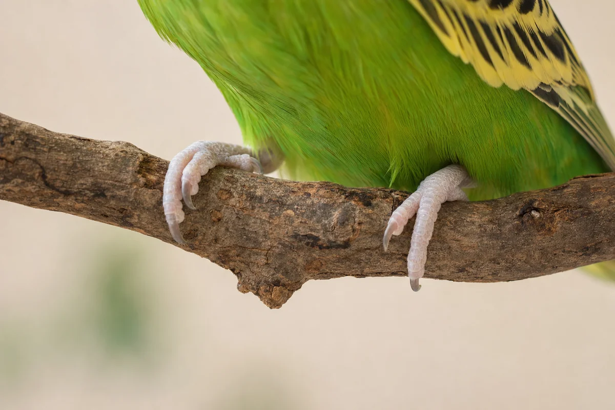 Stopa papużki falistej na naturalnej grzędzie o odpowiedniej grubości