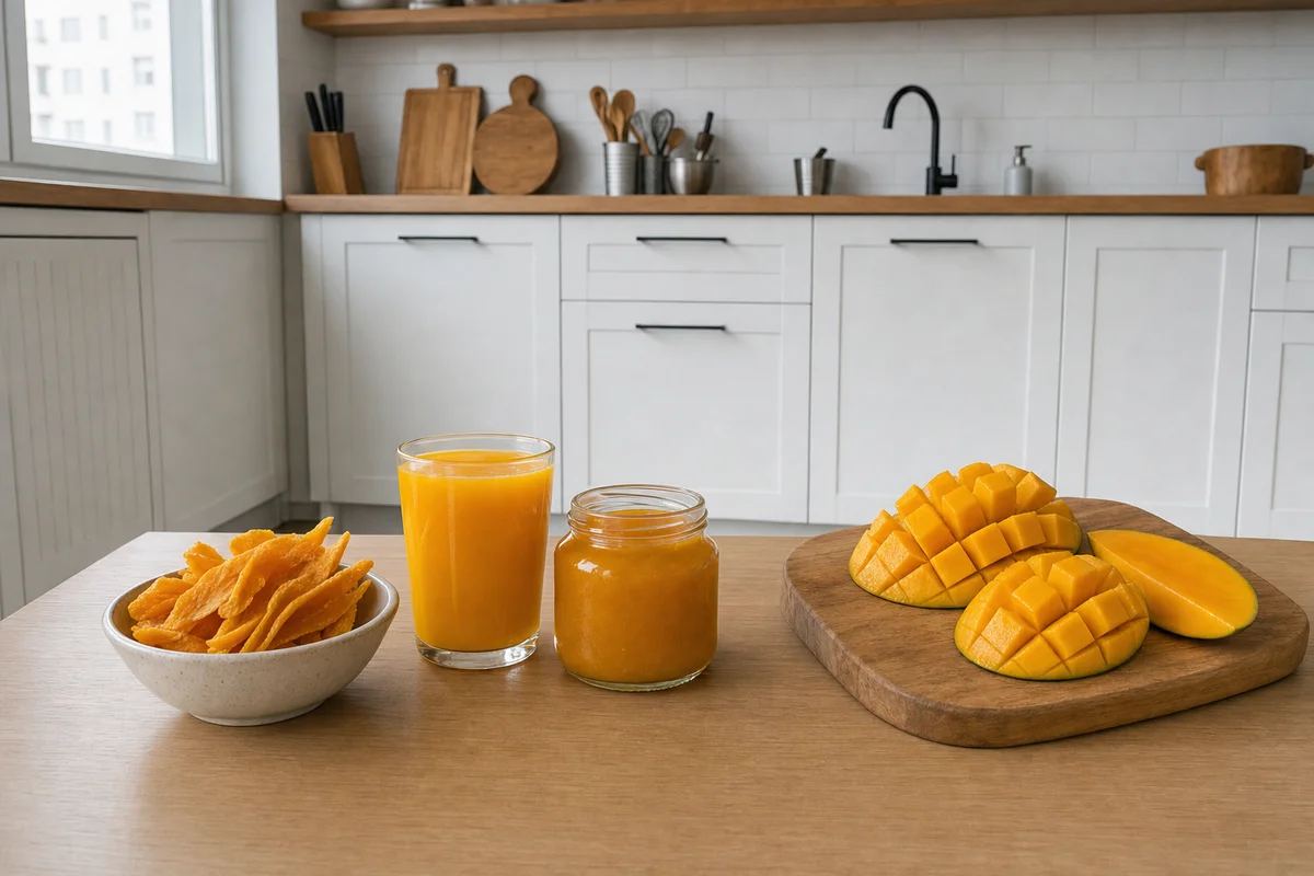 Suszone mango, sok i mus obok świeżego mango