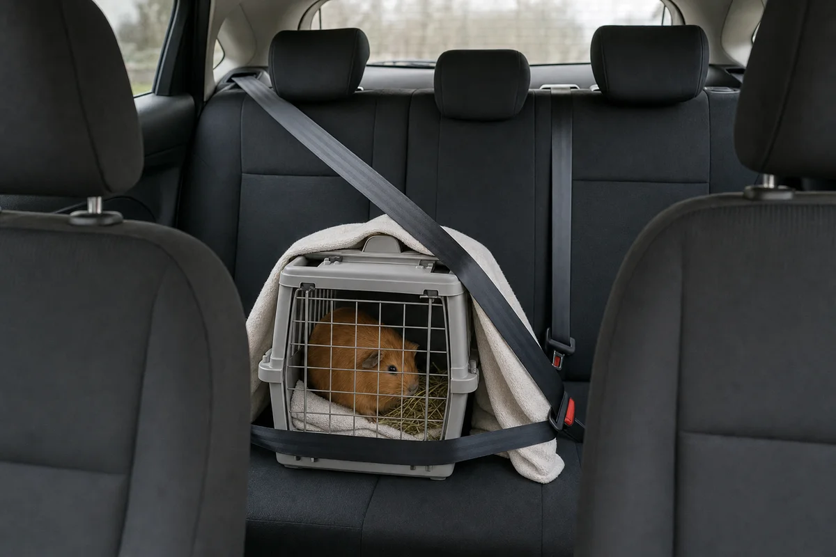 Świnka morska w transporterze zapiętym pasem w samochodzie w drodze do weterynarza