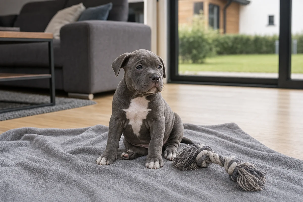 Szczeniak american bully na kocu