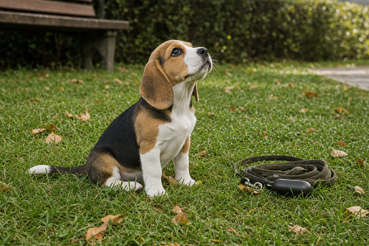 Szczeniak beagle na trawniku - szczenięta robią kupę częściej niż dorosłe psy