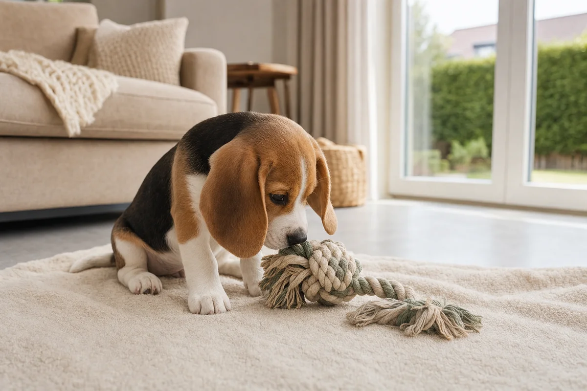 Szczeniak beagle obwąchuje zabawkę na kocu