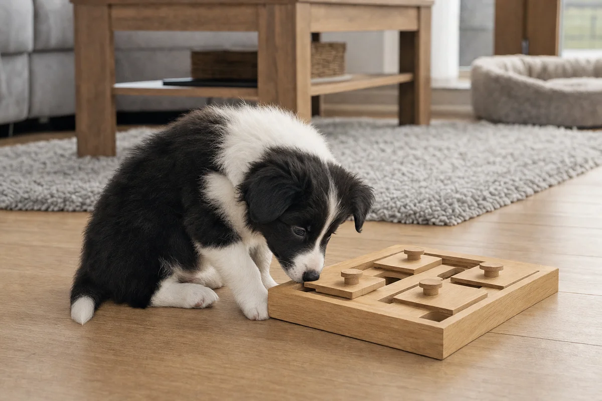 Szczeniak border collie rozwiązuje zabawkę na smakołyki