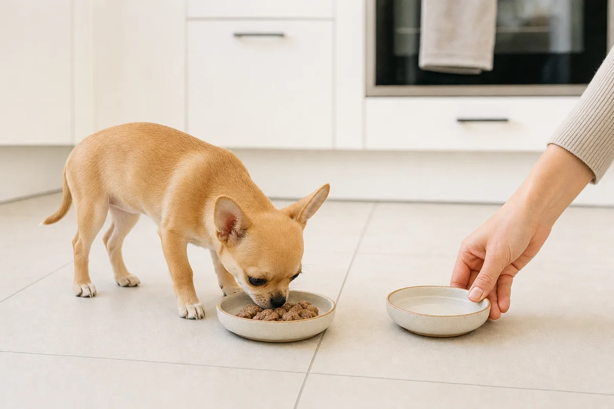 Szczeniak chihuahua je małą porcję karmy, bo częste posiłki chronią przed hipoglikemią