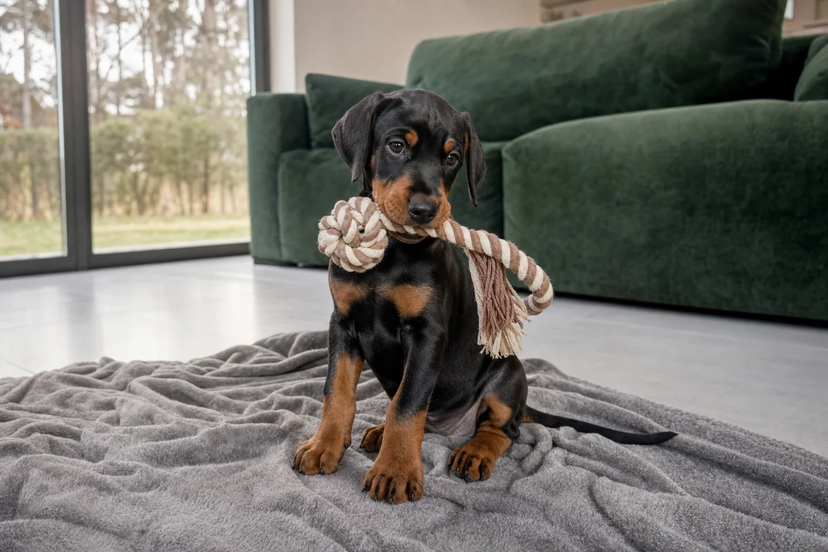 Szczeniak dobermana z naturalnymi uszami na kocu