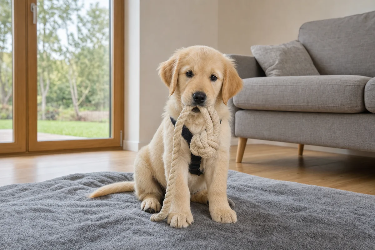 Szczeniak goldena retrievera bawi się na kocu