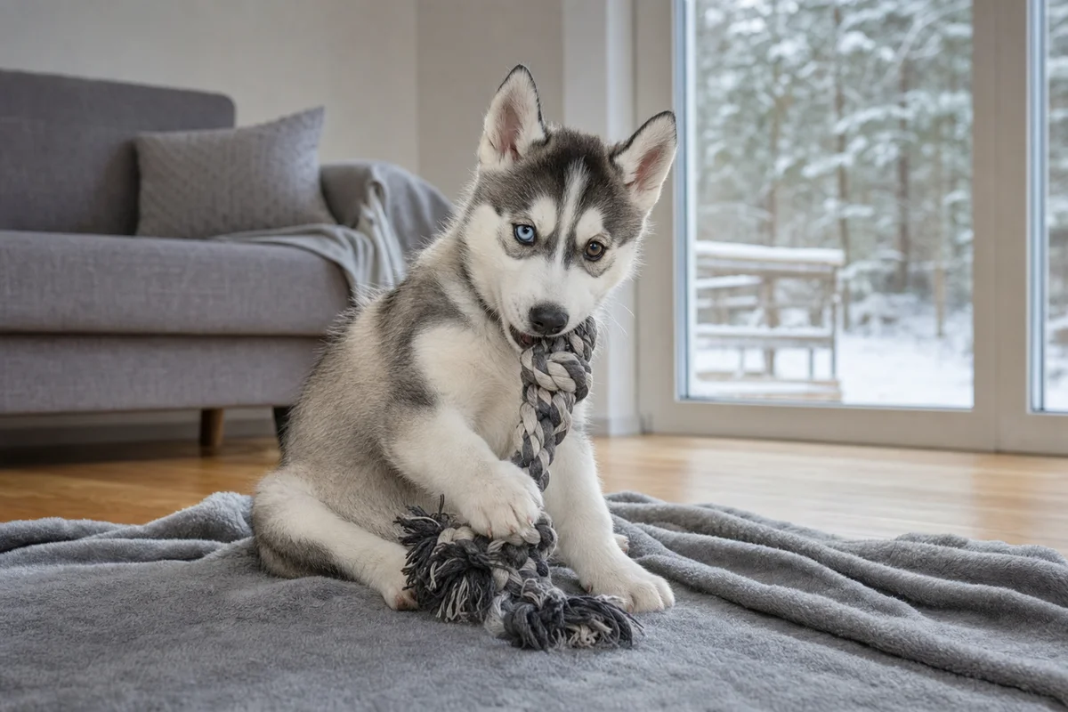 Szczeniak husky syberyjskiego z różnobarwnymi oczami
