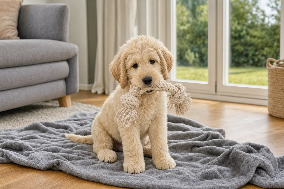 Szczeniak labradoodle bawi się na kocu