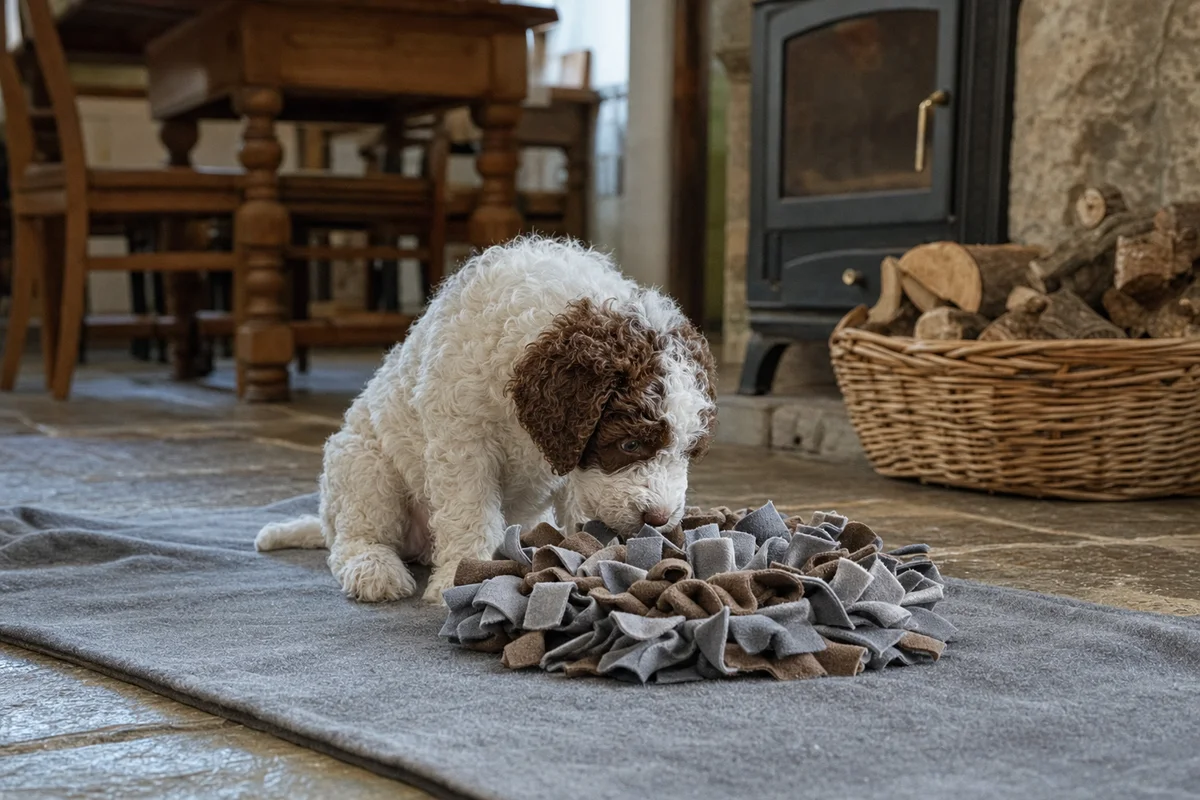 Szczeniak lagotto romagnolo obwąchuje matę węchową