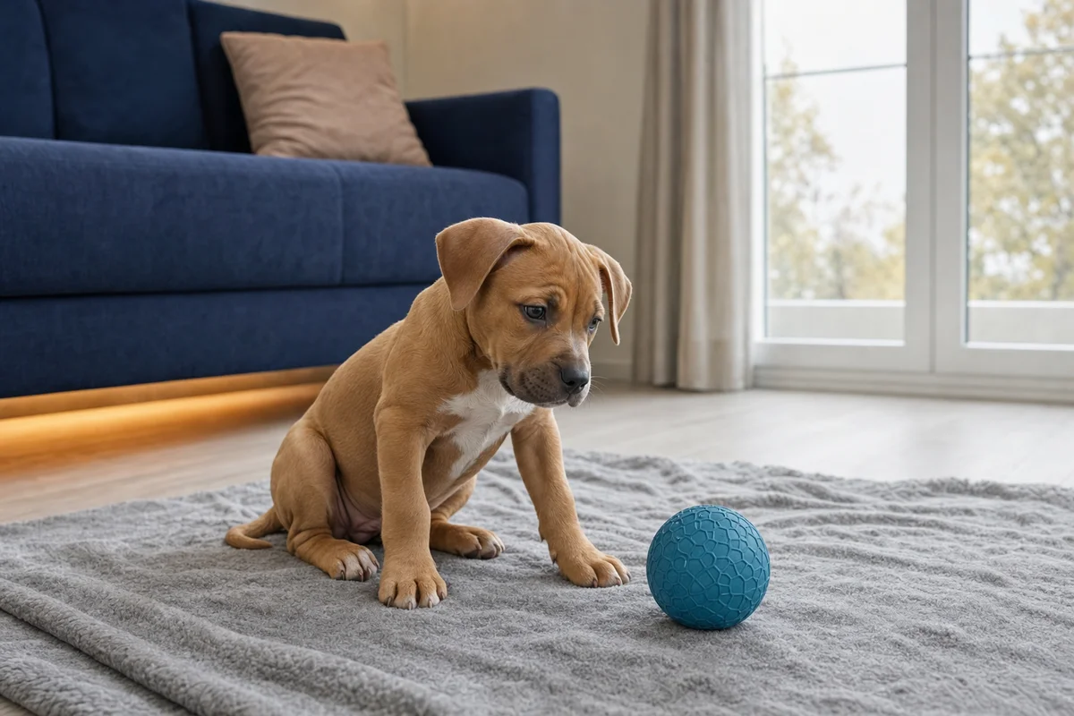 Szczeniak pitbulla na kocu w mieszkaniu