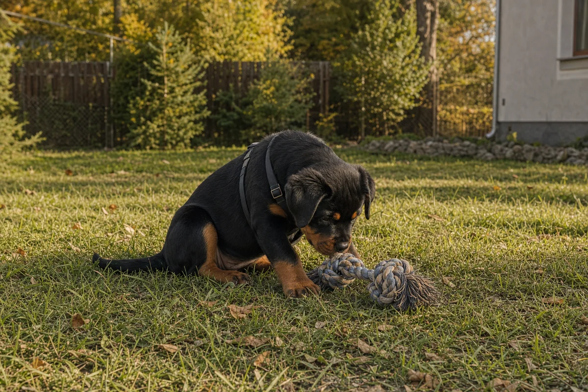 Szczeniak rottweilera na trawie