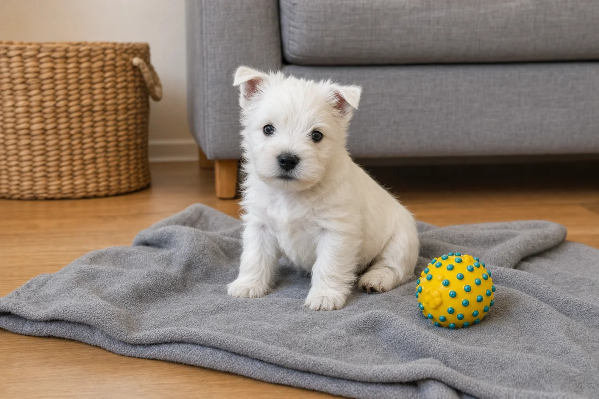 Szczeniak west highland white terriera na kocu