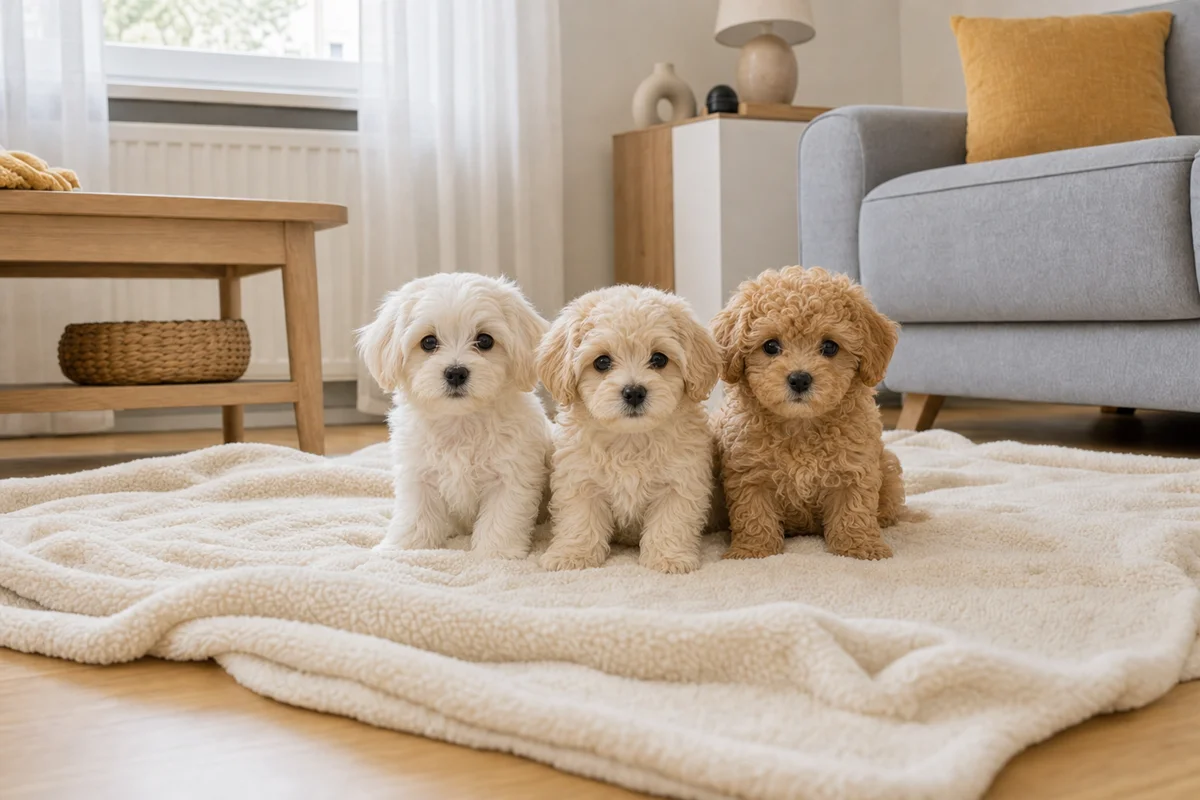 Szczenięta maltipoo z jednego miotu o różnej sierści — prostej, falistej i kręconej