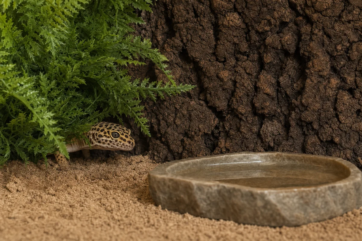 Ścianka korkowa i sztuczna roślina jako tło i osłona w terrarium gekona