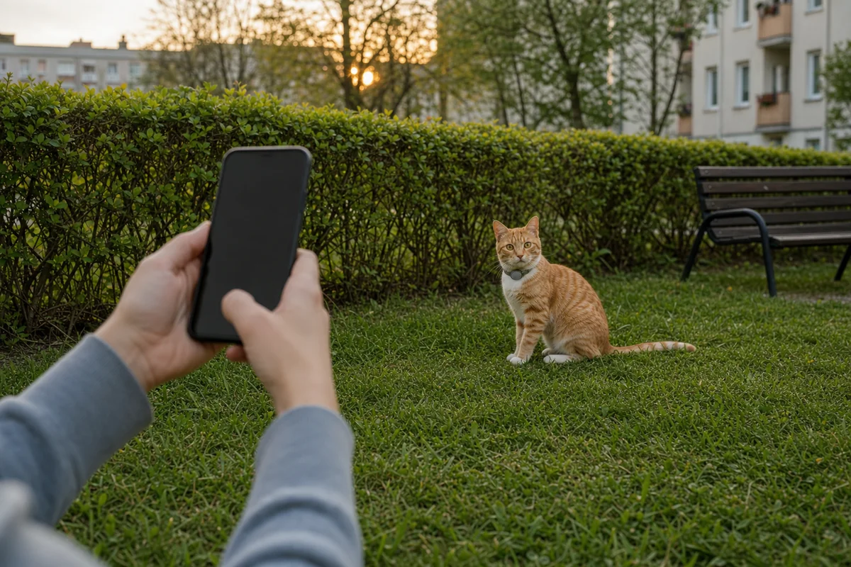Szukanie kota po pozycji z lokalizatora - kot przy żywopłocie blisko domu
