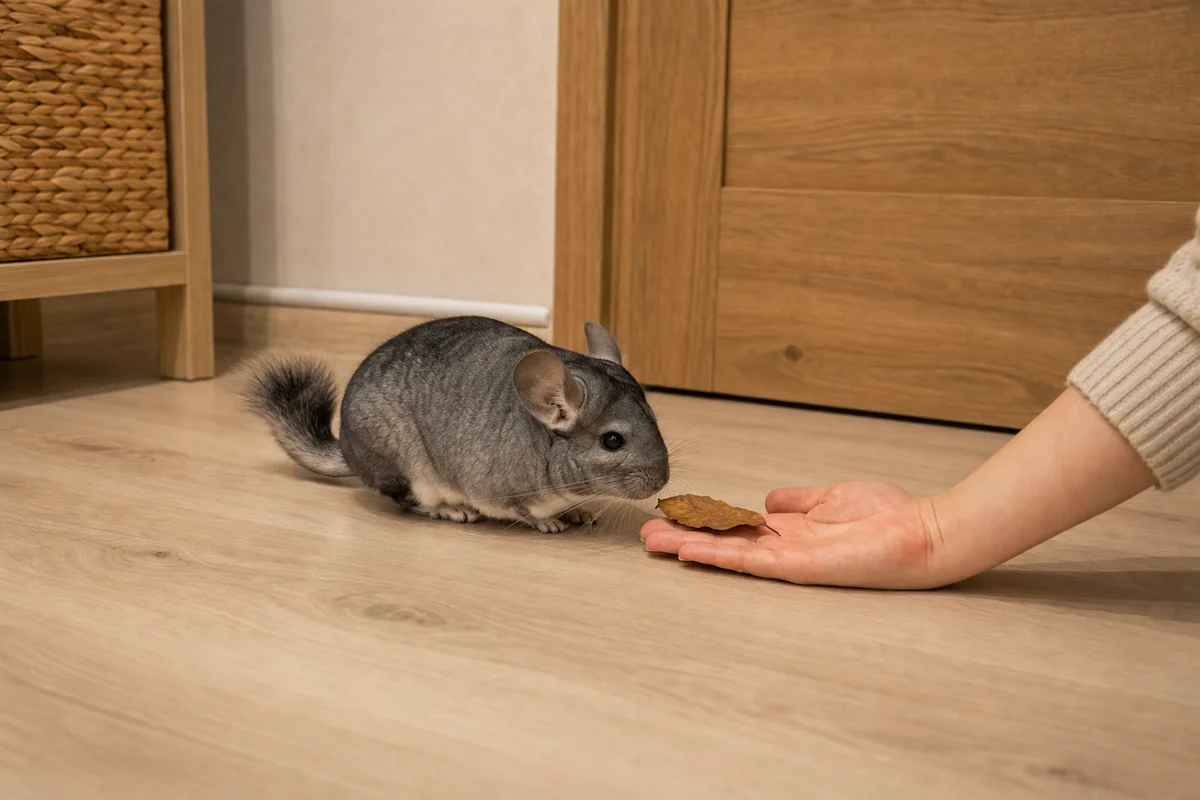 Szynszyla na wieczornym wybiegu w zabezpieczonym pokoju