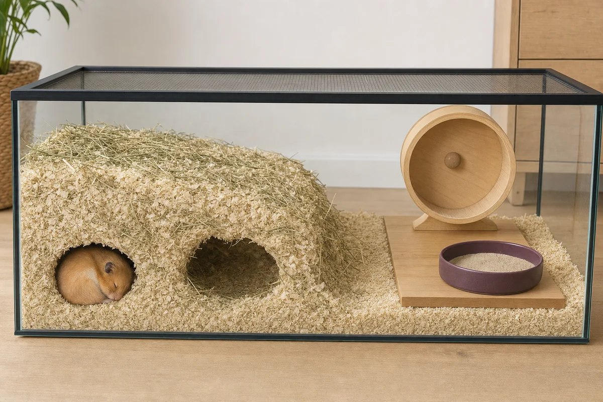 Terrarium chomika z grubą warstwą podłoża i tunelem przy szybie