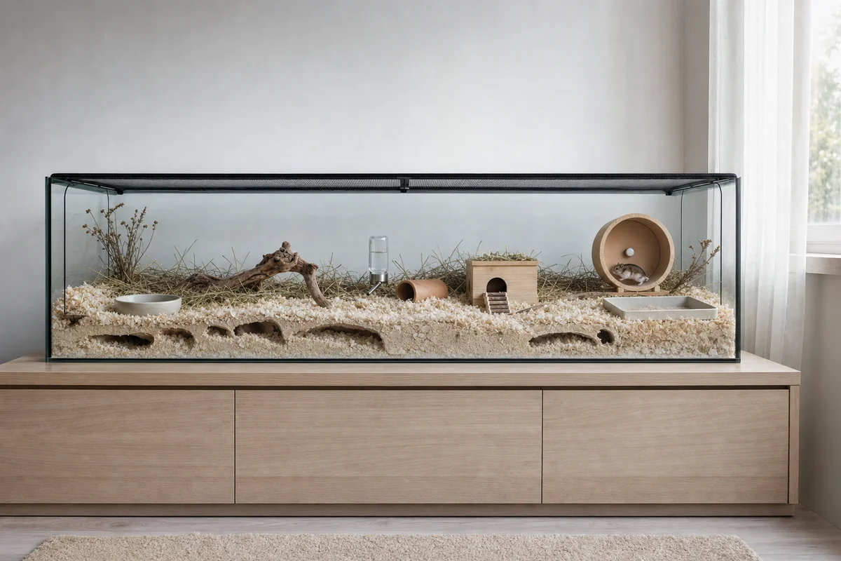 Terrarium dla chomika dżungarskiego z grubą ściółką, kilkoma kryjówkami i kołowrotkiem z pełną bieżnią