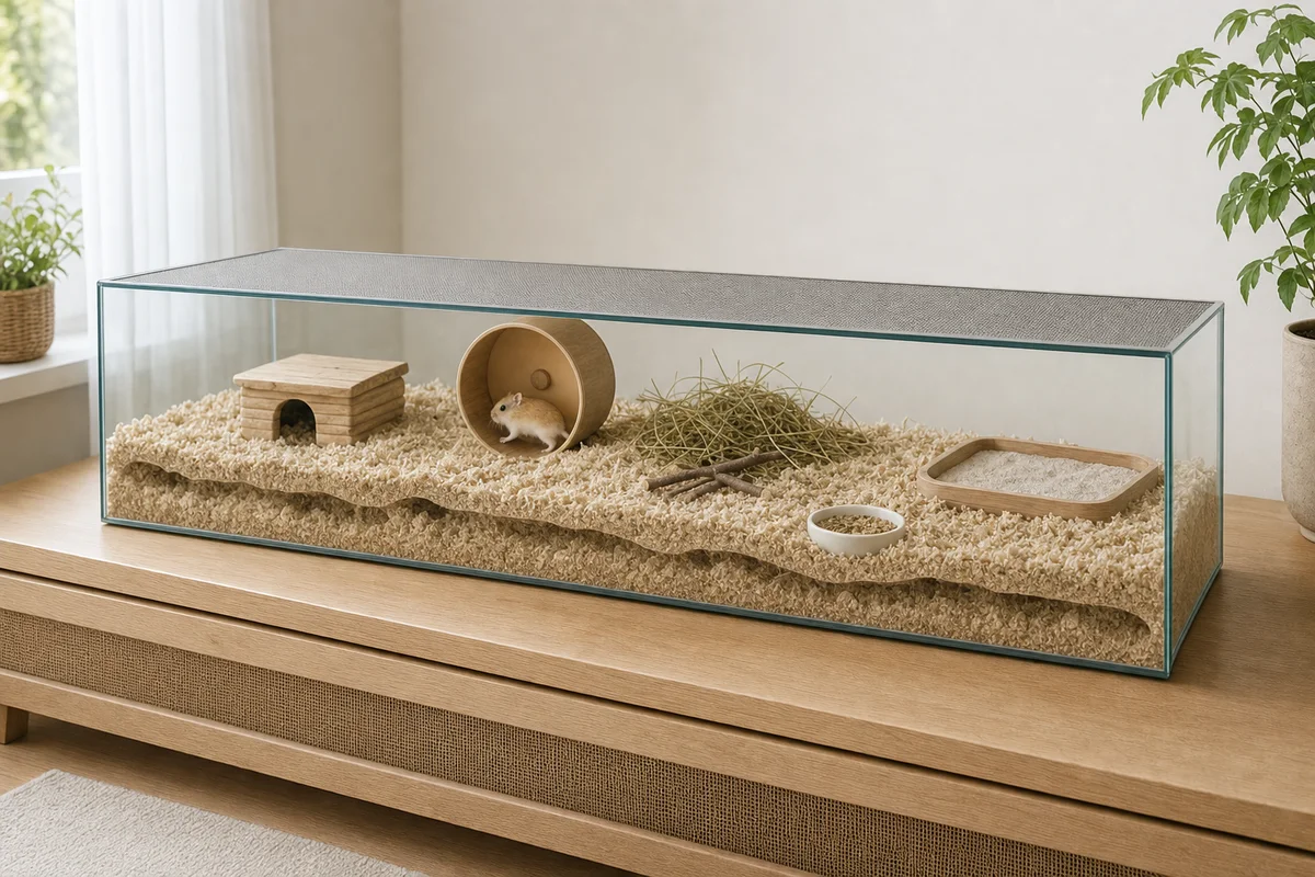 Terrarium dla chomika Roborowskiego z grubą ściółką, kołowrotkiem z pełną bieżnią i kąpielą piaskową