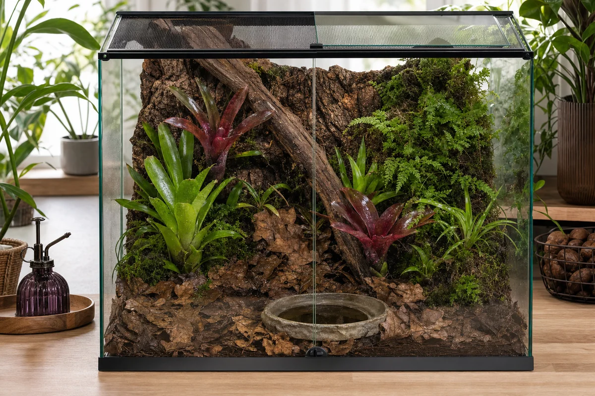 Terrarium dla drzewołazów z roślinami, liśćmi i płytką wodą