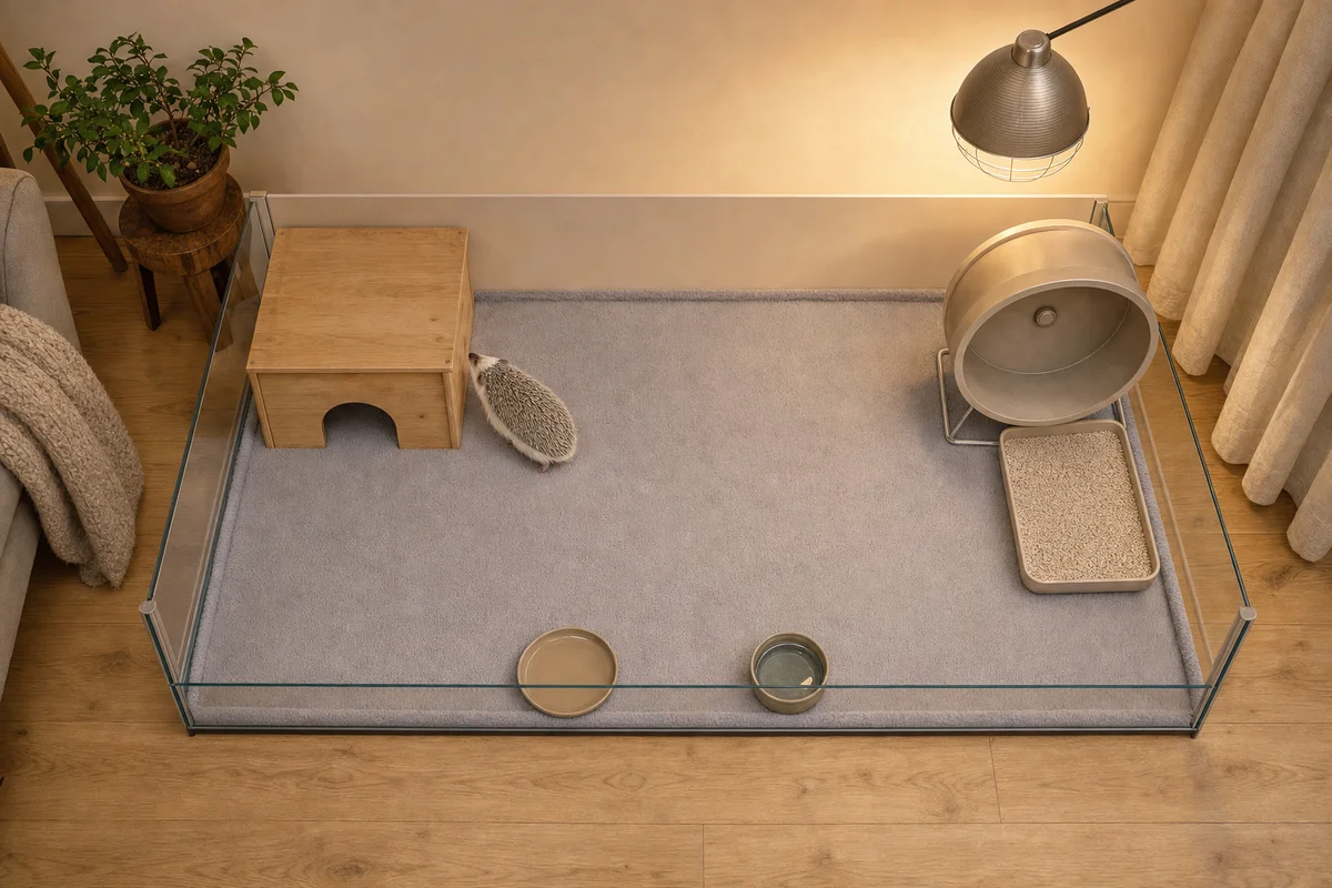 Terrarium dla jeża z góry — kryjówka, kołowrotek, kuweta, miski i strefa ciepła