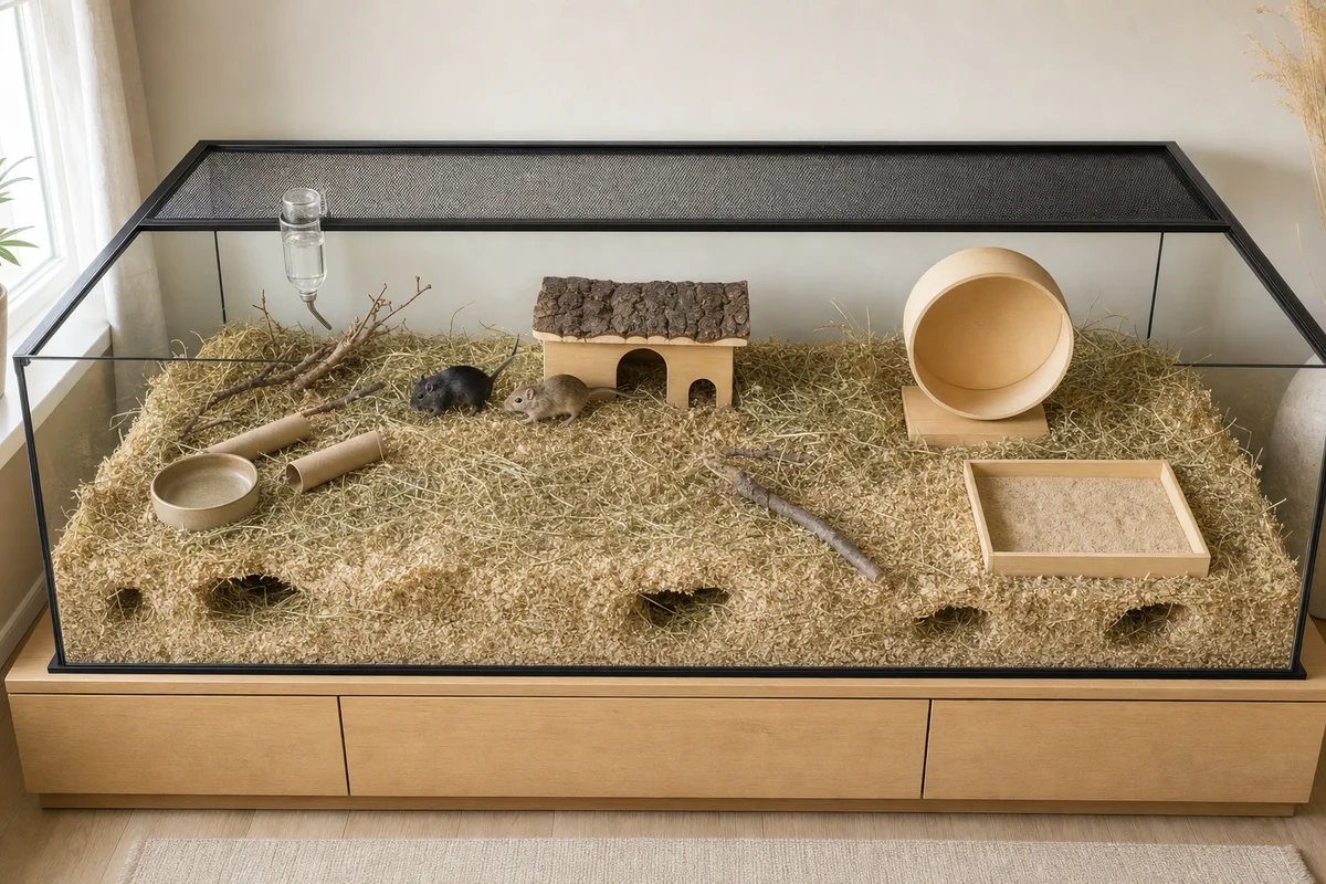 Terrarium dla myszoskoczków z kołowrotkiem z pełną bieżnią, domkiem, basenikiem z piaskiem i poidłem