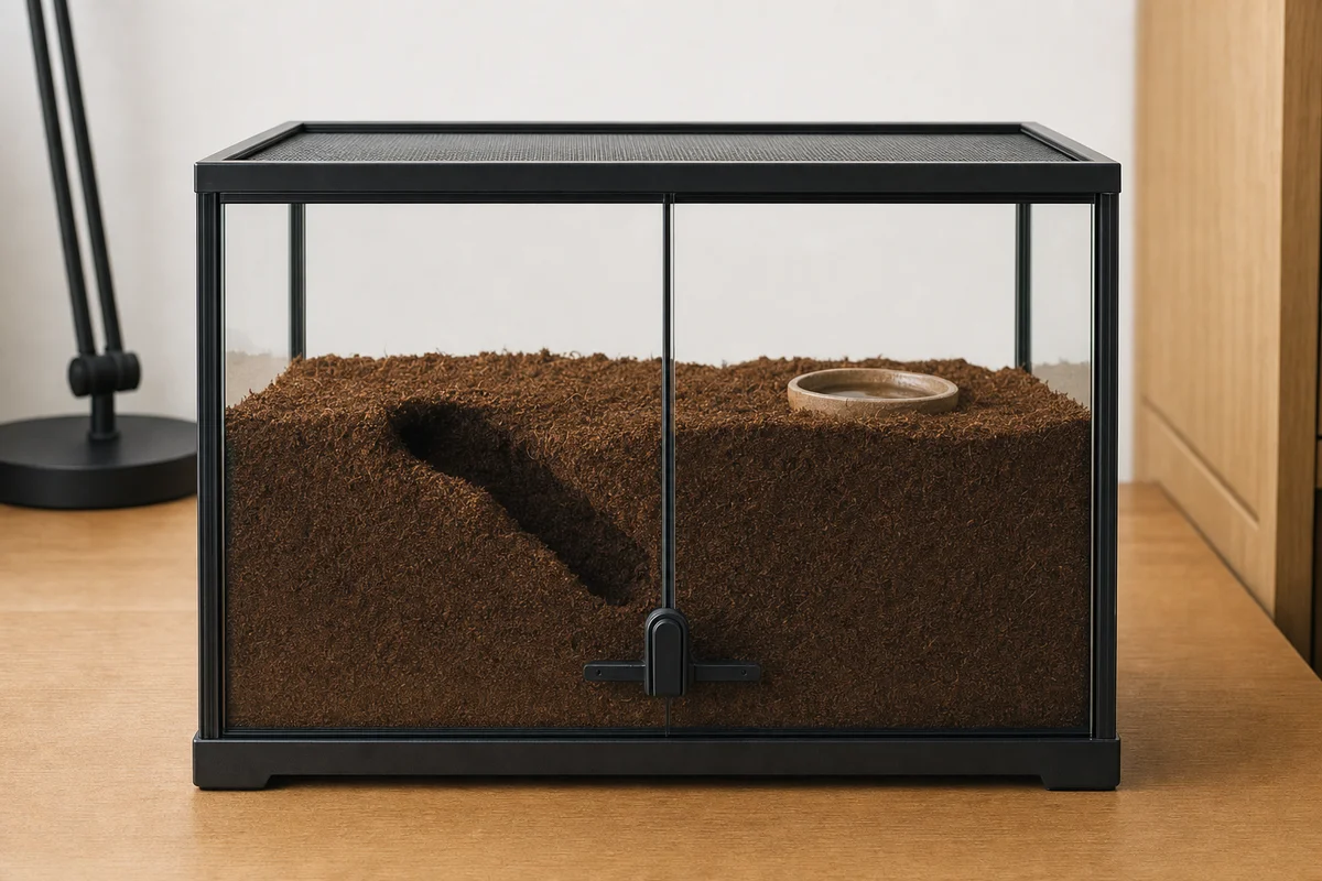 Terrarium dla ptasznika kopiącego z grubą warstwą podłoża i norką przy szybie