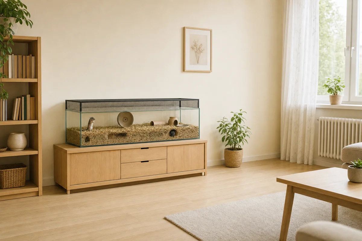 Terrarium myszoskoczka ustawione na komodzie z dala od okna i kaloryfera