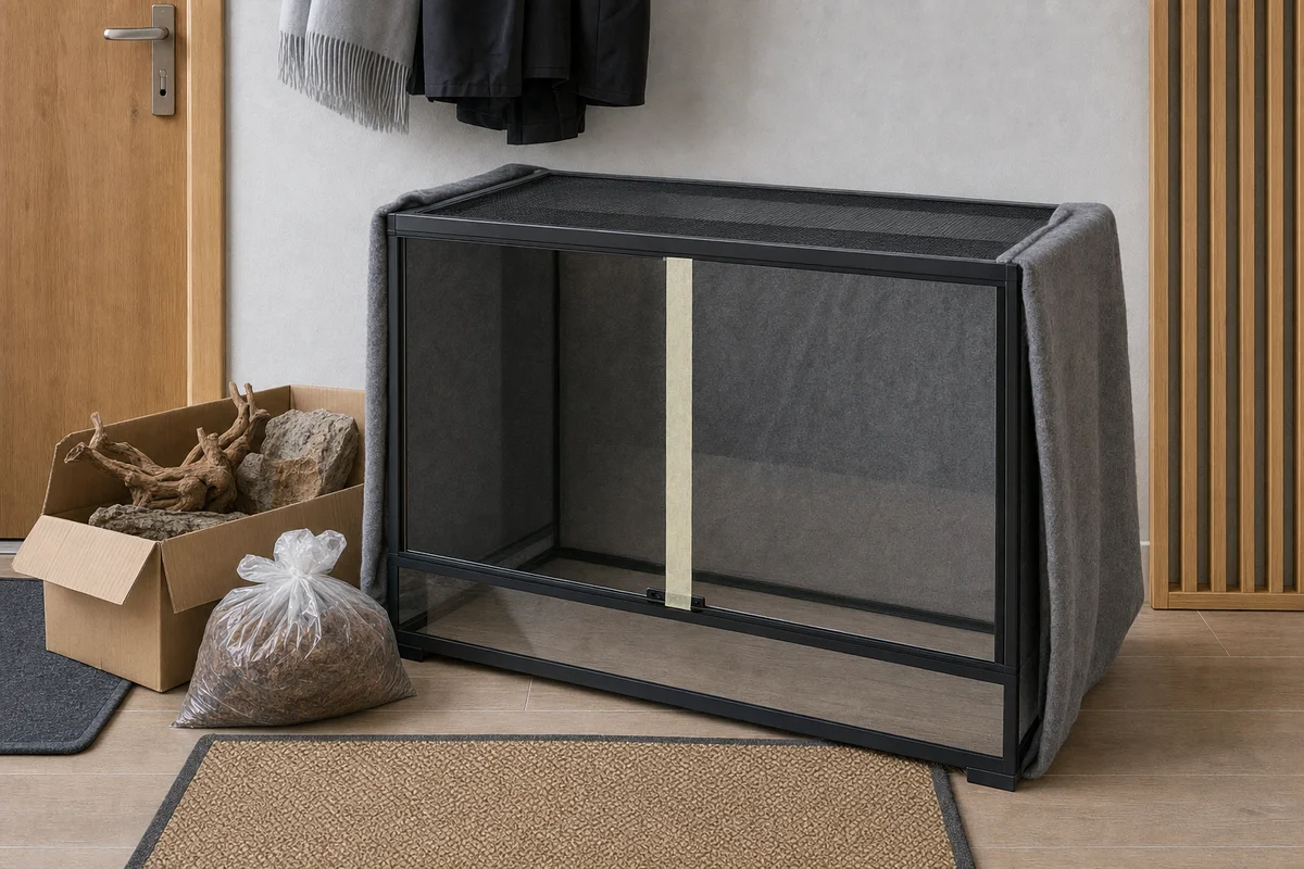 Terrarium przygotowane do przeprowadzki — puste, z wyjętym wystrojem