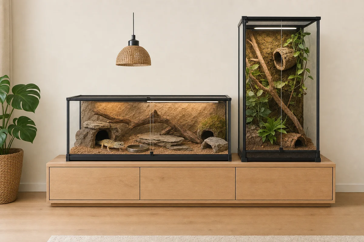 Terrarium szerokie dla gatunku naziemnego i wysokie dla nadrzewnego obok siebie